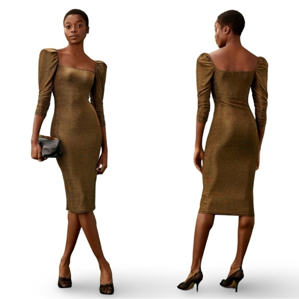 Reformation Rahm Ruched Puff Sleeve Midi Dress in Bronze Sparkle | Size XS - Picture 2 of 16